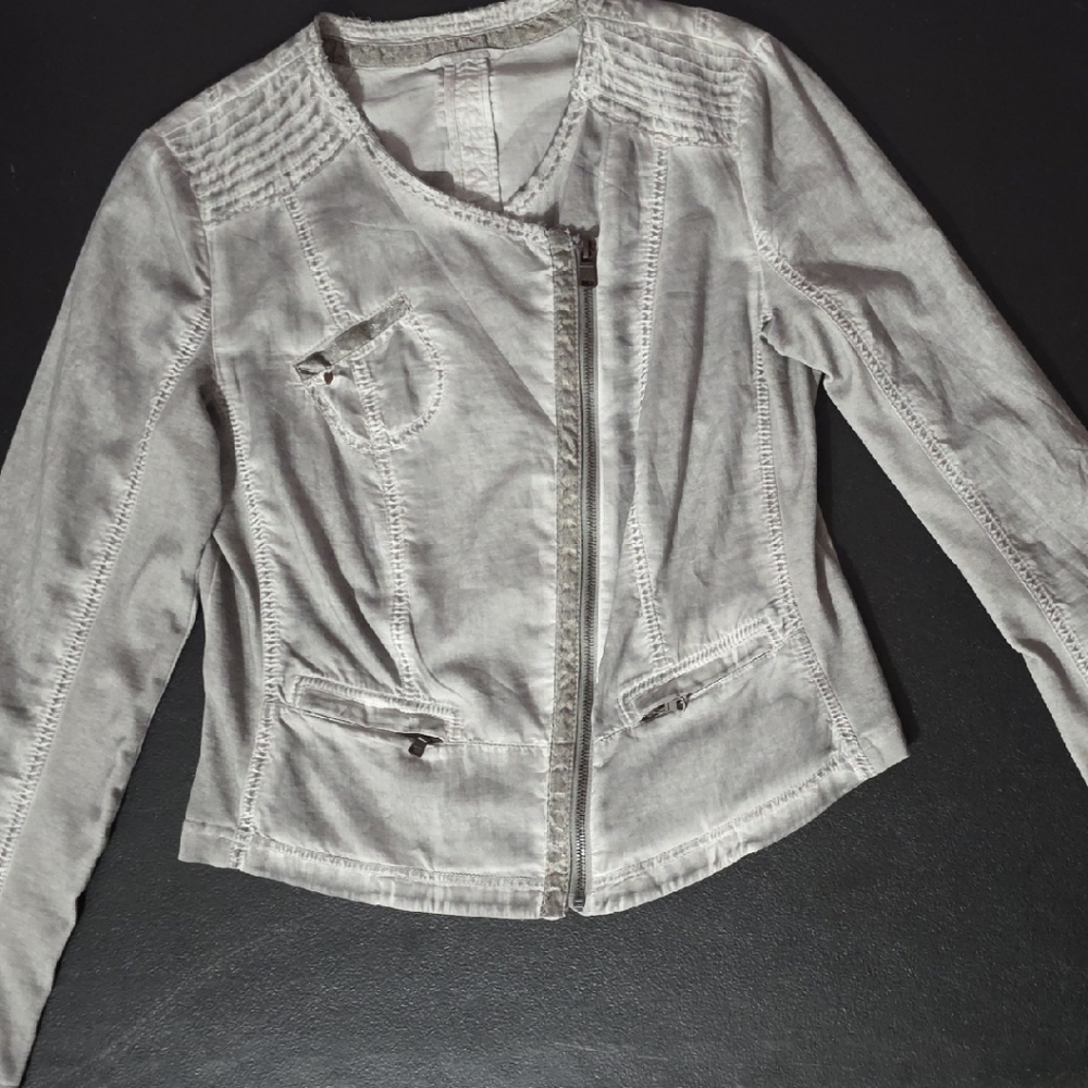 Light Grey Distressed Moto Jacket with Asymmetrical Zip